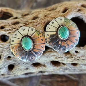 Sterling Silver SIGNED malachite Concho Earrings
